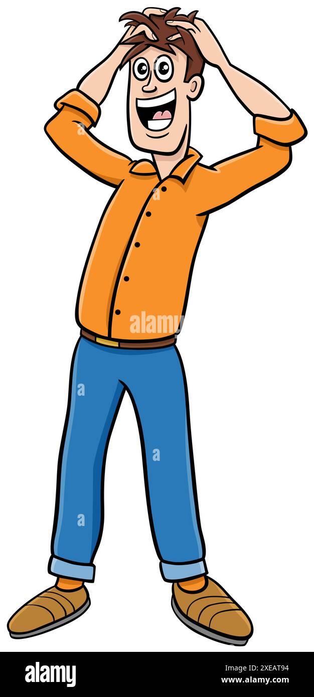 Cartoni animati felici o sorpresi giovane uomo personaggio comico Foto Stock