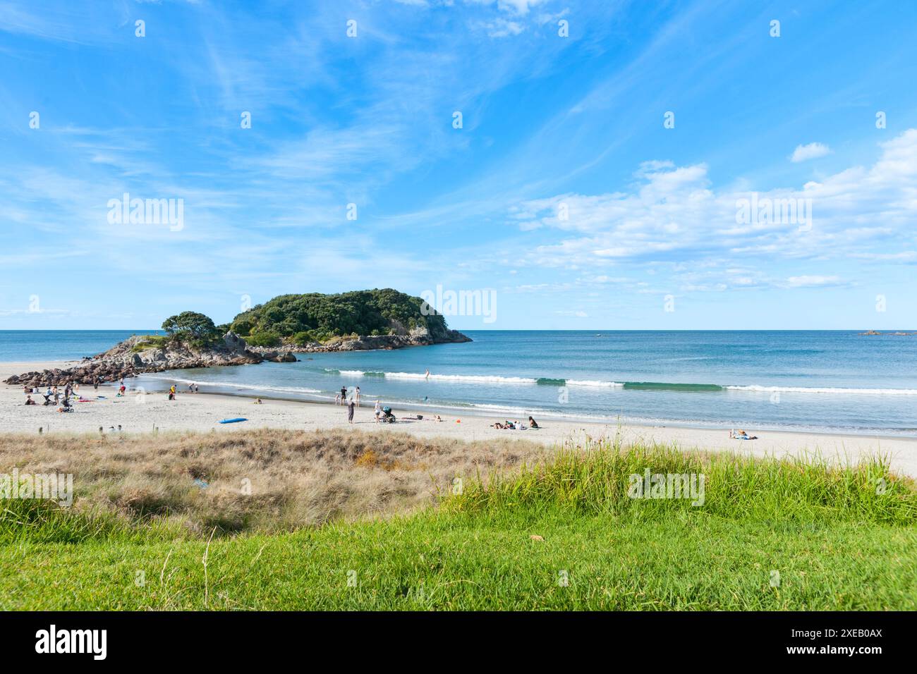 Monte Maunganui nuova Zelanda - 23 gennaio 2012; scena estiva sulla spiaggia di Mount Ocean con persone sulla sabbia in lontananza dall'isola Moturiki. Foto Stock