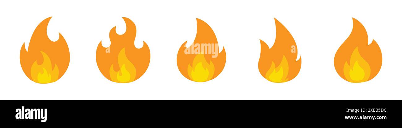 Set di icone fuoco. Fiamme. Simboli di fiamma. Sagoma antincendio. Set di fiamme gialle e arancioni. Raccolta di elementi fiammeggianti. Fuoco, fiamma. Illustrazione Vettoriale