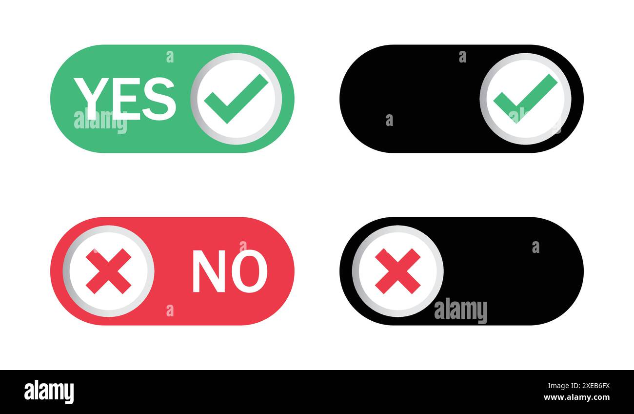 Impostare sì e no o il segno giusto e sbagliato. Approvato e rifiutato. Impostare il pulsante sì o no. Set di icone con segno di spunta verde e croce rossa. Illustrazione Vettoriale