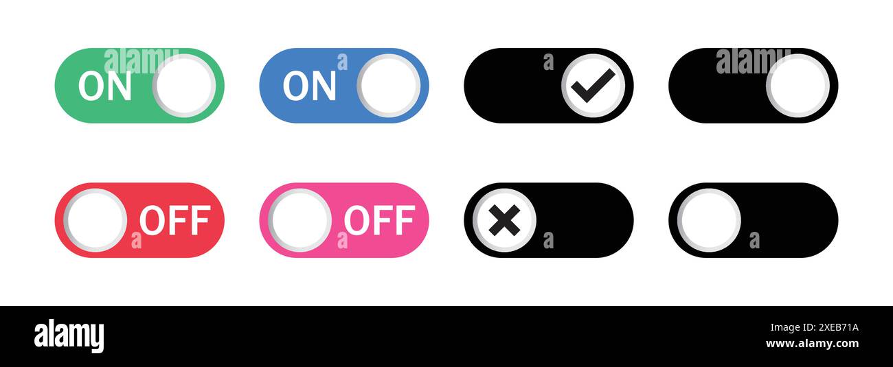 On del set di icone del pulsante di commutazione. Attiva, disattiva colori vettoriali impostati. Attivare e disattivare i pulsanti a bilanciere. Elementi Web isolati dal vettore. Pulsante di commutazione dell'interfaccia mobile. Illustrazione Vettoriale