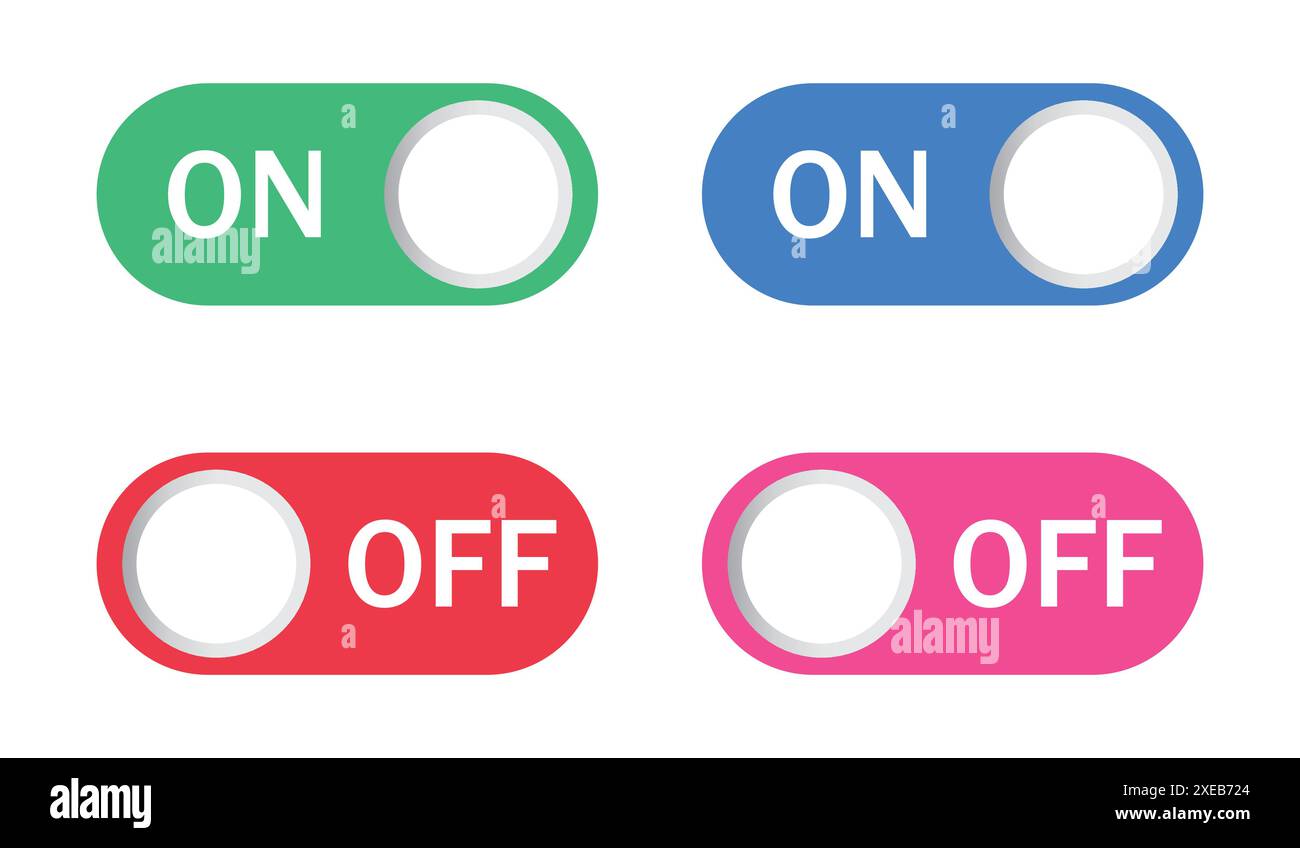 Set di icone dei pulsanti di accensione e spegnimento. Attivare e disattivare i pulsanti a bilanciere. Icone di alimentazione dell'interfaccia a scorrimento. Pulsanti di commutazione dell'app mobile. attivazione e disattivazione dell'interruttore di alimentazione Illustrazione Vettoriale