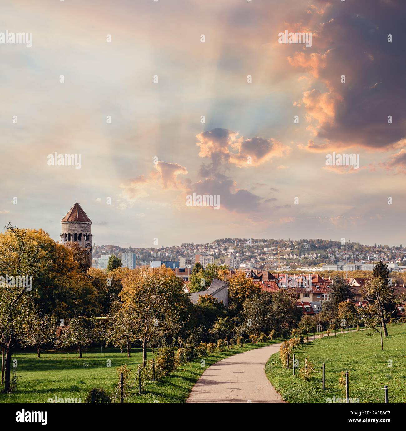 Germania, Stuttgart con vista panoramica. Belle case in autunno, cielo e paesaggio naturale. Vigneti di Stoccarda - vino colorato g Foto Stock