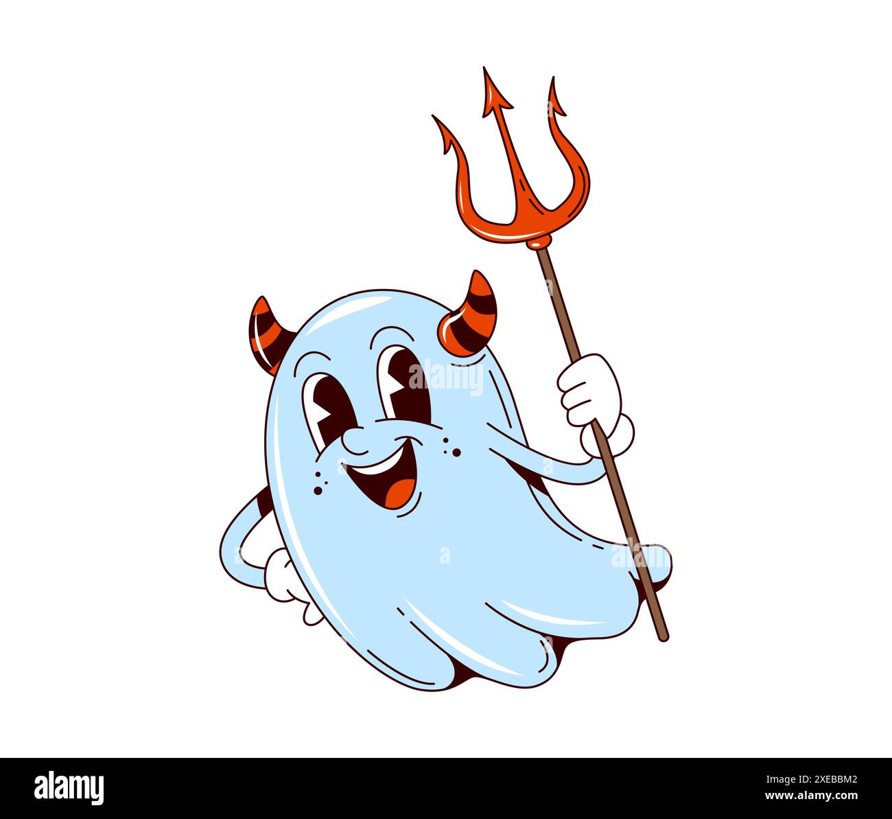 Personaggio fantasma retrò di Halloween con tridente. kawaii si spoglia indossando corna rosse del diavolo completate da forcone, per un look da festa stravagante. Grazioso personaggio vettoriale affascinante in stile vintage Illustrazione Vettoriale