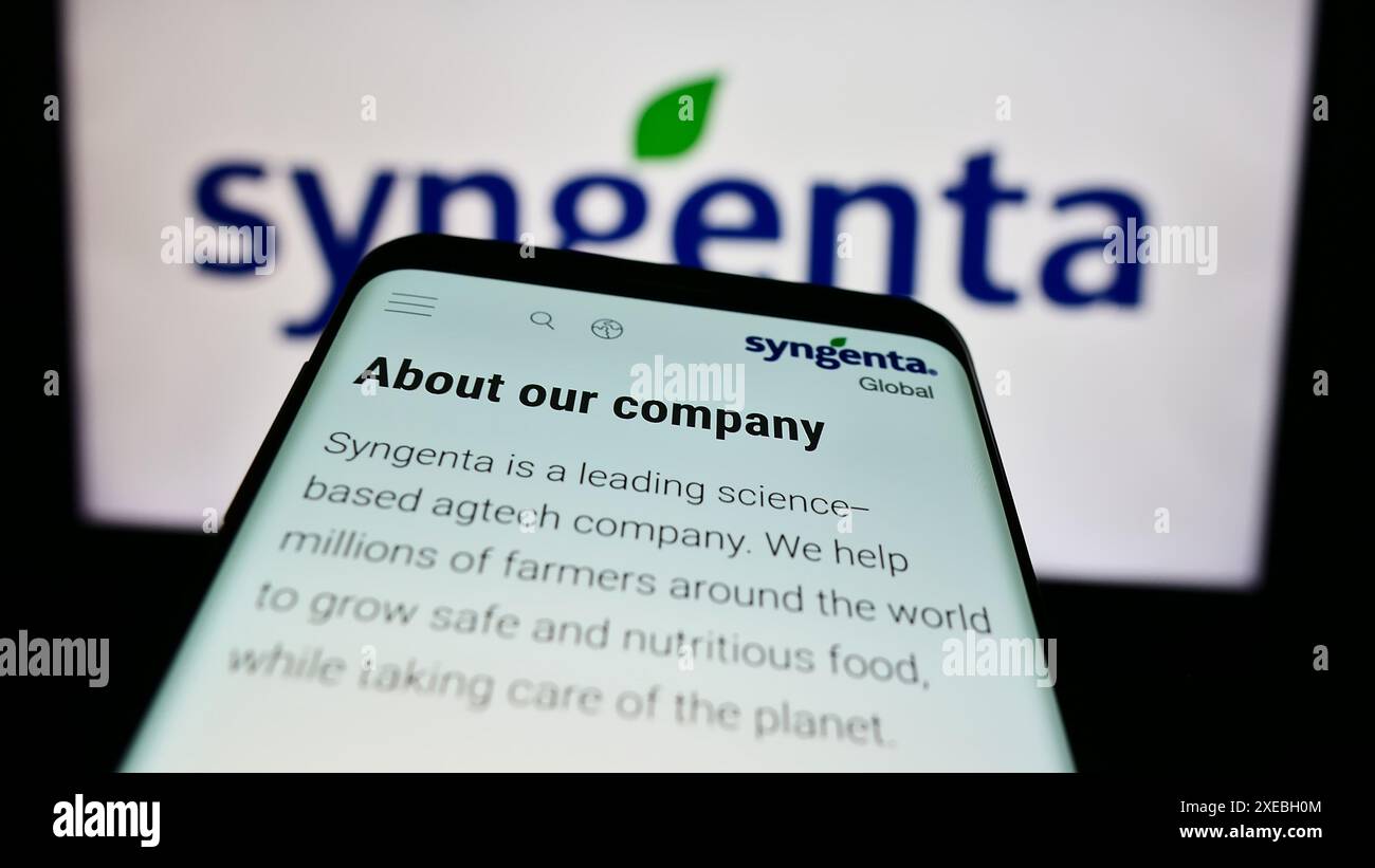 Smartphone con sito web della società svizzera di agritech Syngenta Crop Protection AG davanti al logo aziendale. Mettere a fuoco in alto a sinistra sul display del telefono. Foto Stock