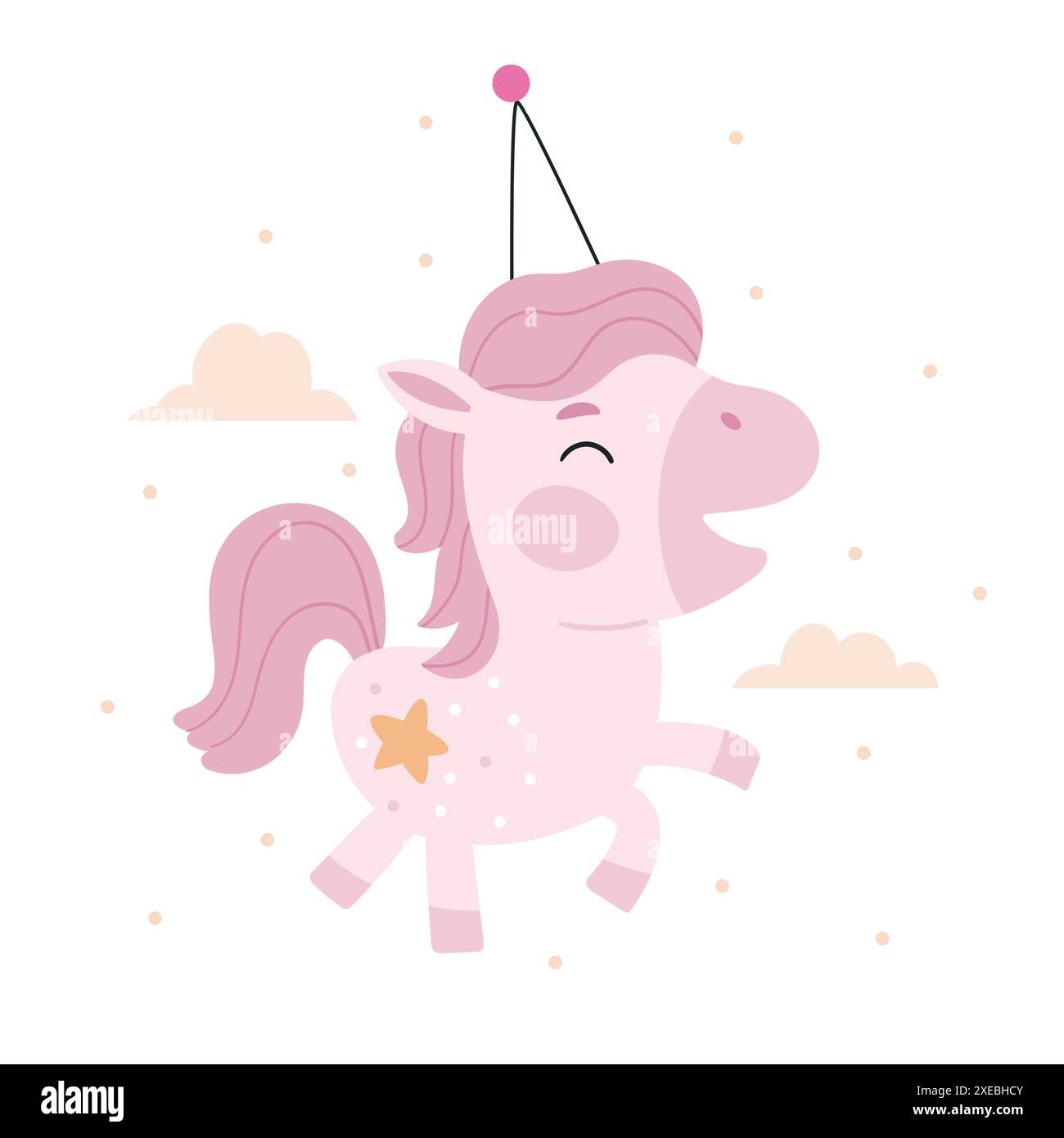 Felice unicorno in stile scandinavo. Piccolo pony felice con criniera rosa. Illustrazione del vettore piatto per bambini isolata su sfondo bianco Illustrazione Vettoriale