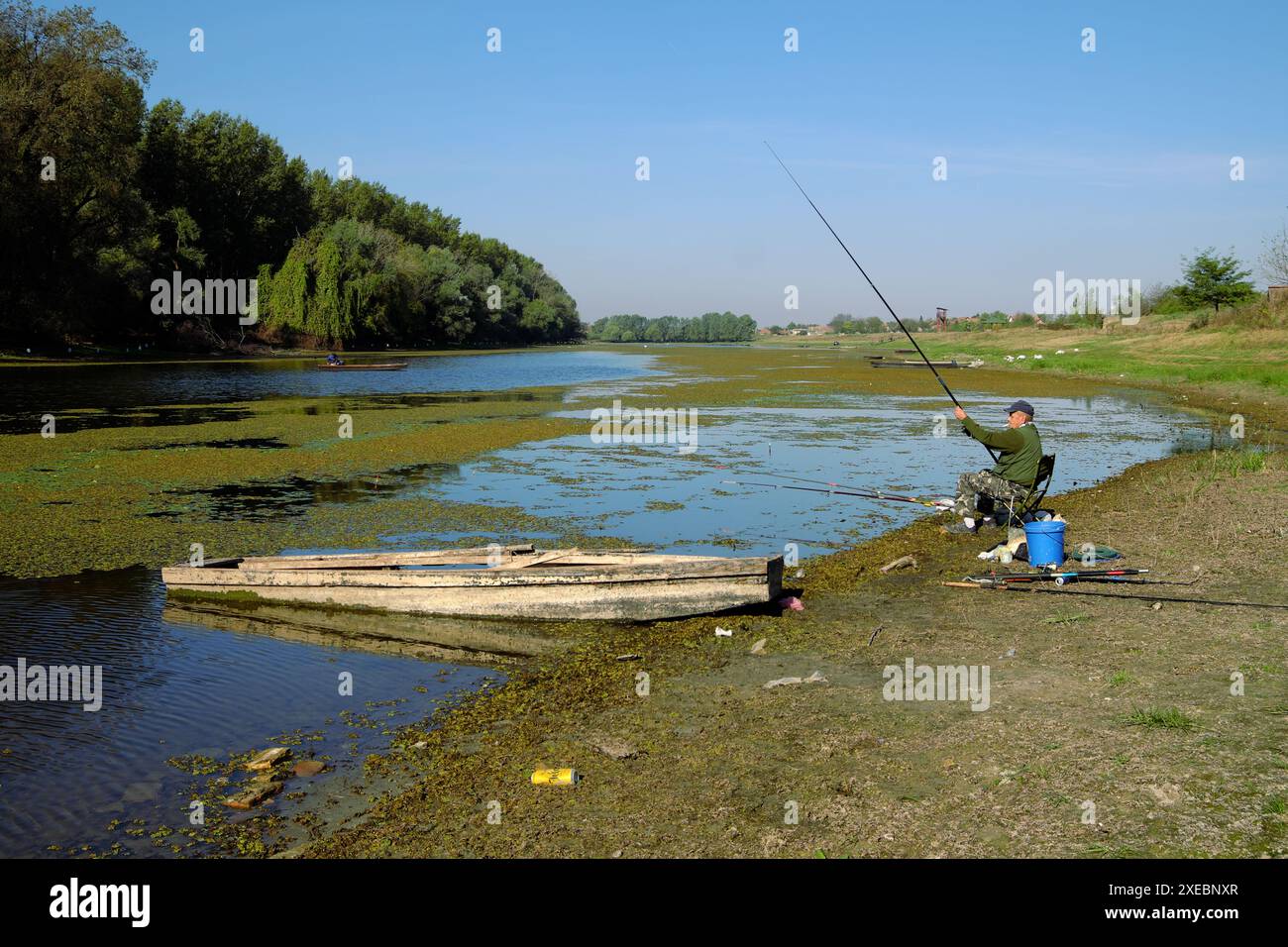 Uomo che pesca dalla riva della riserva naturale speciale "Koviljsko-Petrovaradinski Rit" sulla riva sinistra del Danubio, Vojvodina, Serbia Foto Stock