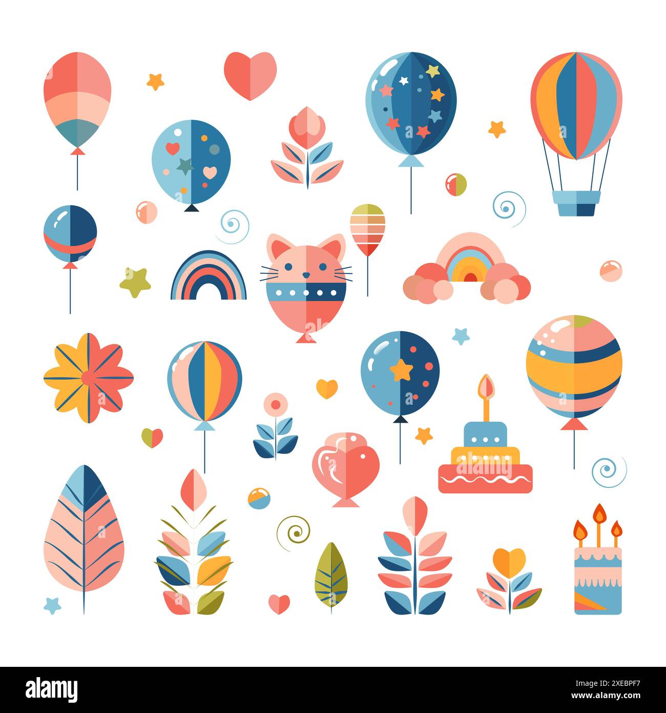 Icone geometriche colorate per una festa di compleanno, tra cui palloncini fiori e cuori arcobaleni, un pallone ad aria calda per gatto, foglie di torta di compleanno e stelle in tonalità pastello su sfondo bianco Illustrazione Vettoriale