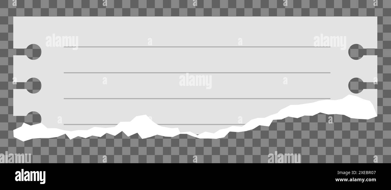 Foglio strappato su sfondo trasparente. Carta strappata grigia. Illustrazione vettoriale in stile piatto. Pagina con bordo di trama irregolare Illustrazione Vettoriale
