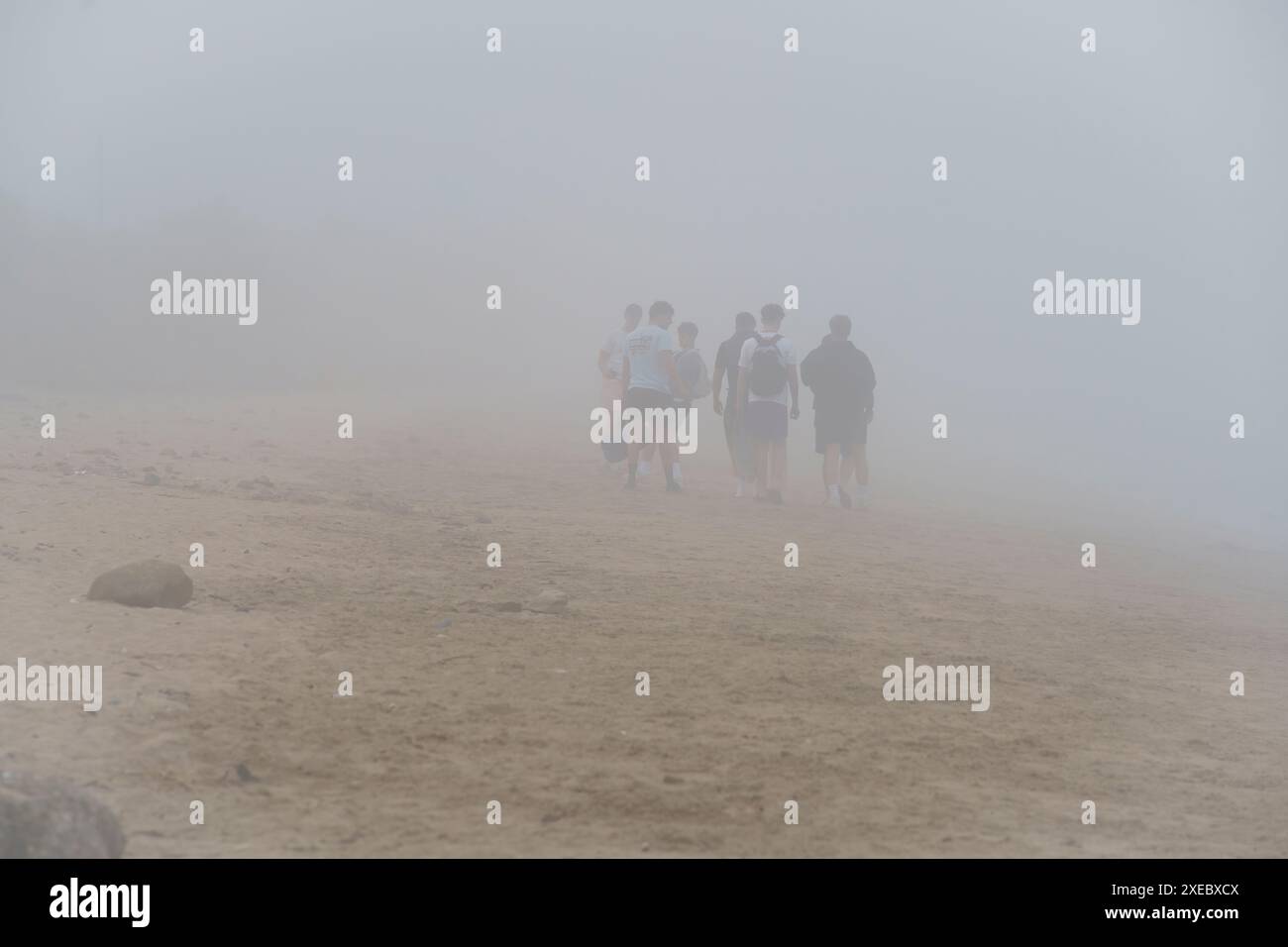Un gruppo di giovani amici maschi bianchi si divertono a fare una passeggiata lungo la spiaggia di Fraisthorpe, nel tardo pomeriggio in una nebbia estiva. Costa dello Yorkshire orientale Foto Stock