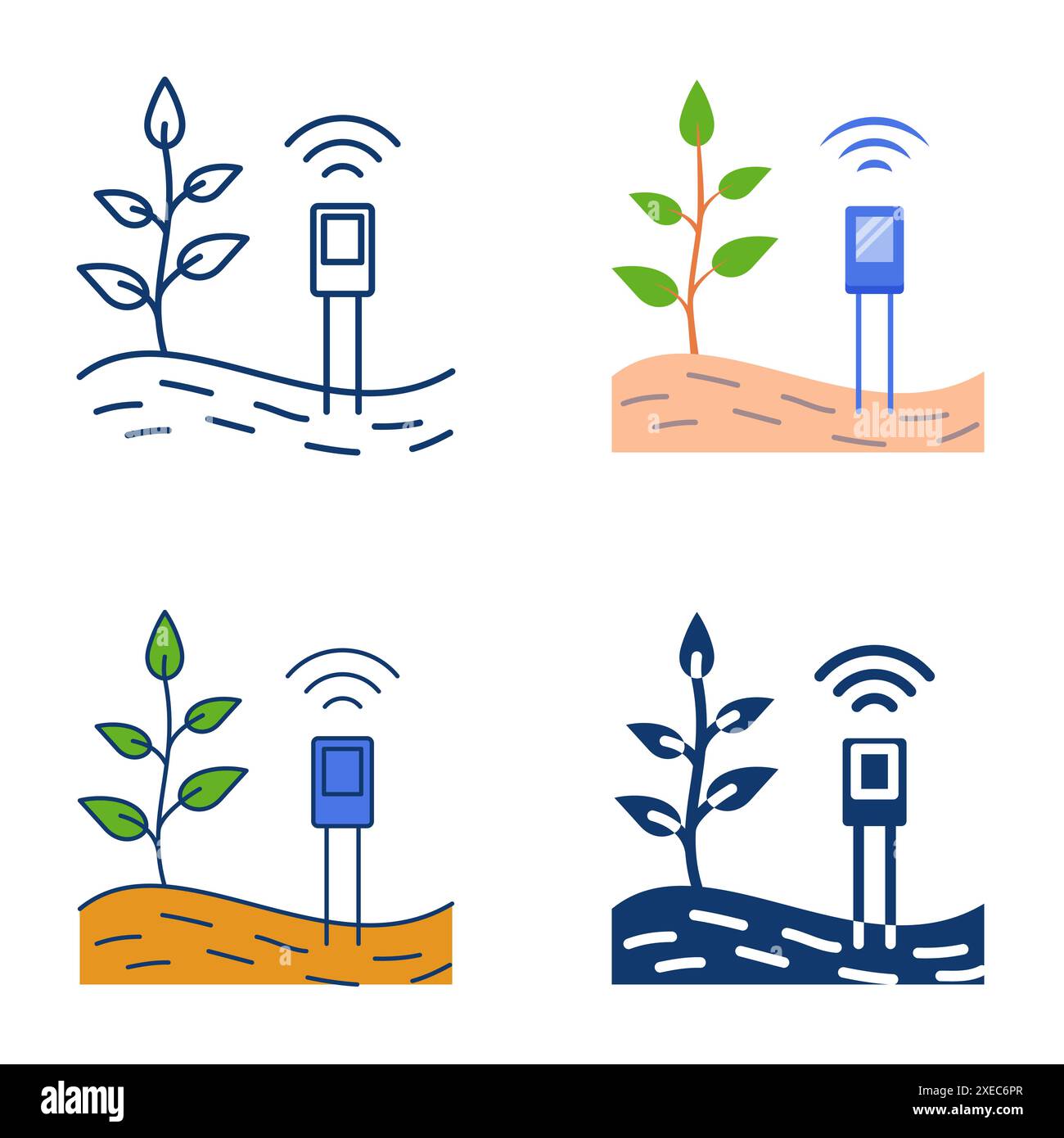 Icona dei sensori di scansione del terreno impostata in stile piatto e lineare. Agricoltura intelligente, monitoraggio delle condizioni del suolo. Illustrazione vettoriale Illustrazione Vettoriale