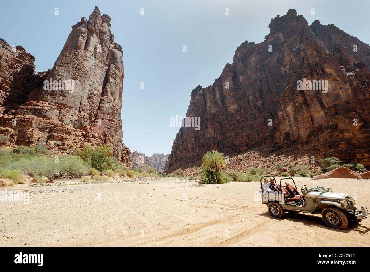 I turisti si godono un giro in un veicolo fuoristrada 4x4 mentre esplorano un remoto canyon nel deserto, Wadi al Disah, Arabia Saudita Foto Stock