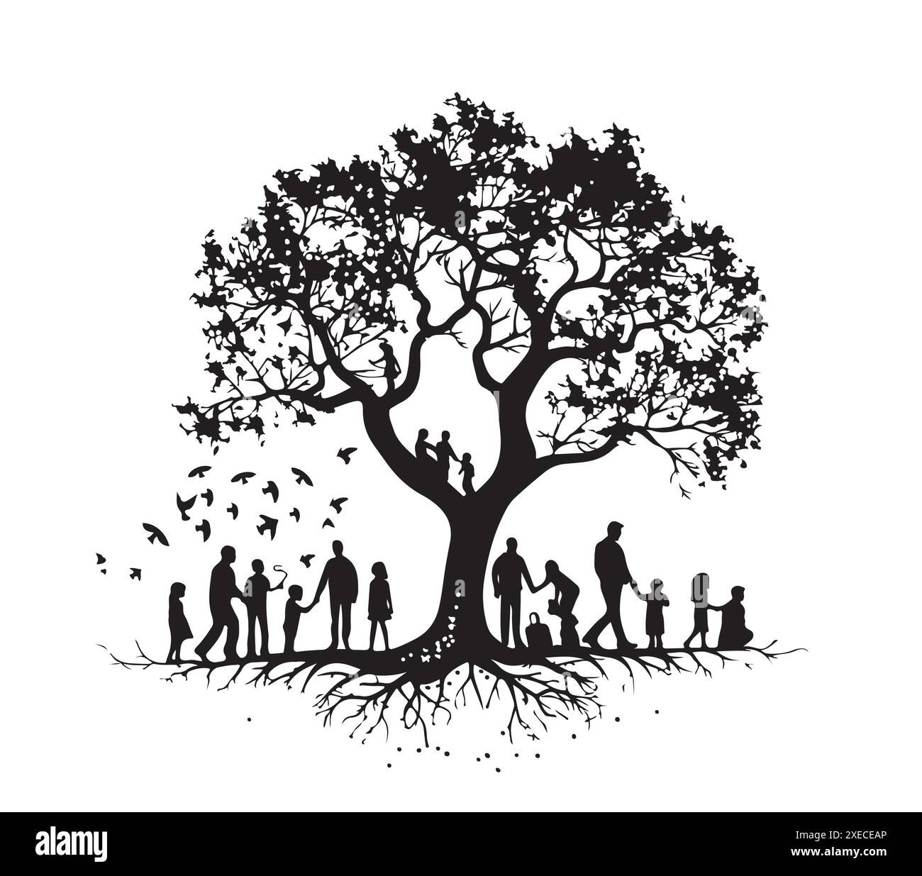 sagoma dell'albero genealogico. grande sagoma di albero genealogico. albero genealogico nero isolato su sfondo bianco. design disegnato a mano. illustrazione vettoriale. Illustrazione Vettoriale