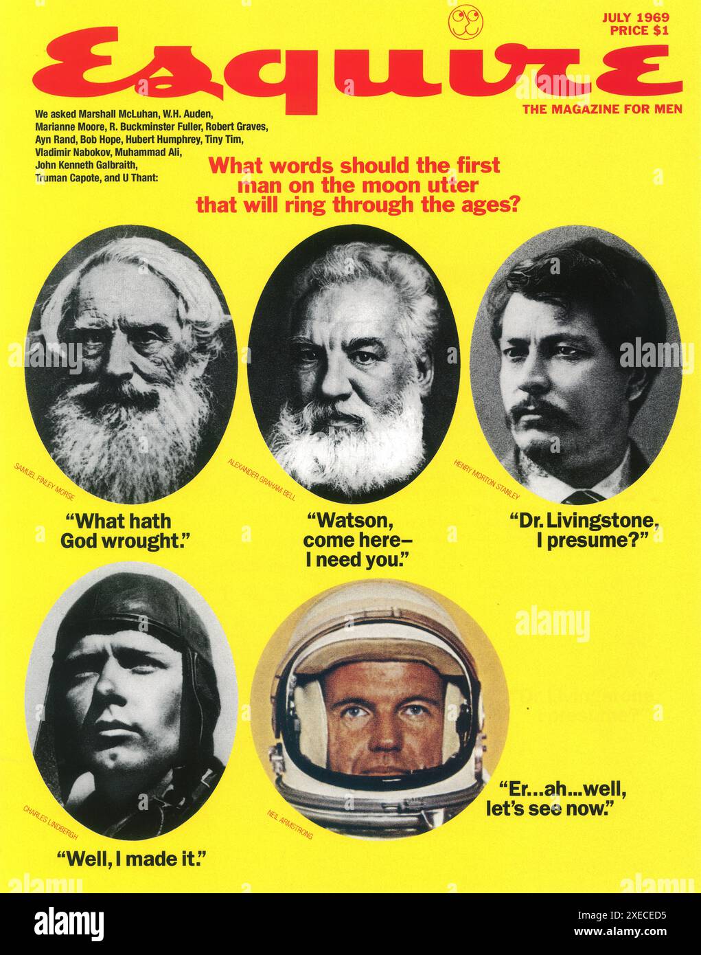 Luglio 1969 copertina della rivista Esquire - primo uomo sulla Luna - Morse, Bell, Henry Stanley, Lindbergh, Neil Armstrong. George Lois Design Foto Stock