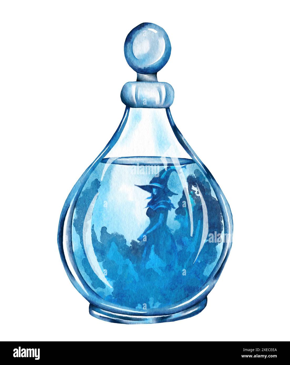 Bottiglia di pozione acquerello. Pozione d'amore ed elisir illustrazione disegnata a mano. Halloween Foto Stock