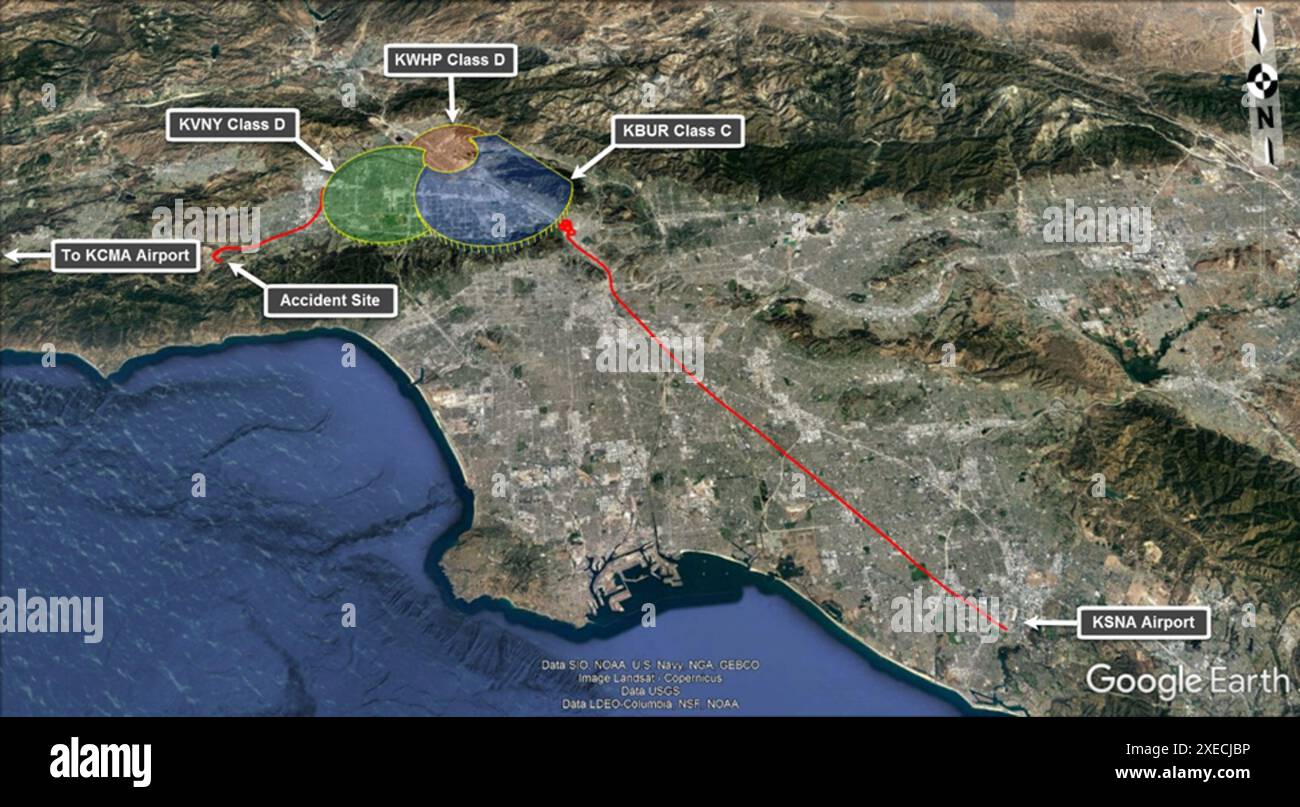 WASHINGTON (7 febbraio 2020) —questa foto scattata il 27 gennaio, è una traccia radar/ADS-B dell'26 incidente di un elicottero Sikorsky S76B vicino a Calabasas, California. L'immagine identifica il luogo dell'incidente. Gli otto passeggeri e il pilota a bordo dell'elicottero sono rimasti feriti a morte e l'elicottero è stato distrutto. (Immagine NTSB) Calabasas, CA - incidente in elicottero Sikorsky S76B Foto Stock