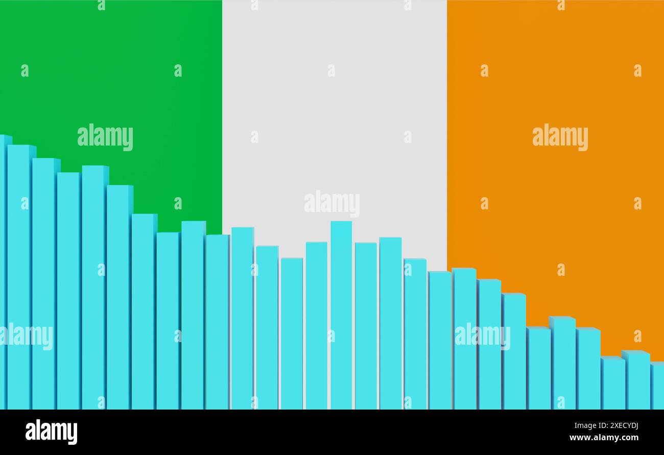 Irlanda, grafico a barre giù, recessione. Irlanda, grafico a barre affondante con bandiera irlandese. Affondamento dell'economia, recessione. Andamento negativo del PIL, dell’occupazione, della produttività, dei prezzi immobiliari, delle vendite al dettaglio o della produzione industriale in calo. business096s_ireland_bar_graph_down Foto Stock