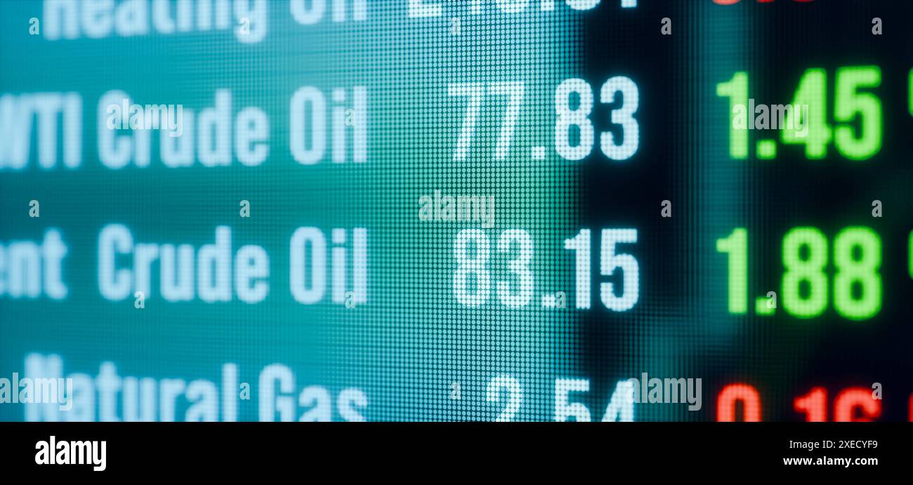 Schermata di trading con prezzi delle materie prime in aumento o in calo come il petrolio greggio Brent, il gas naturale e il prezzo del petrolio riscaldante. Schermata di negoziazione delle materie prime per il mercato azionario e l'energia in borsa. Variazioni dei prezzi del petrolio greggio Brent, del gas naturale e del petrolio riscaldante. Business globale, economia, dati finanziari. img commodity022s02 energy futures trading Foto Stock