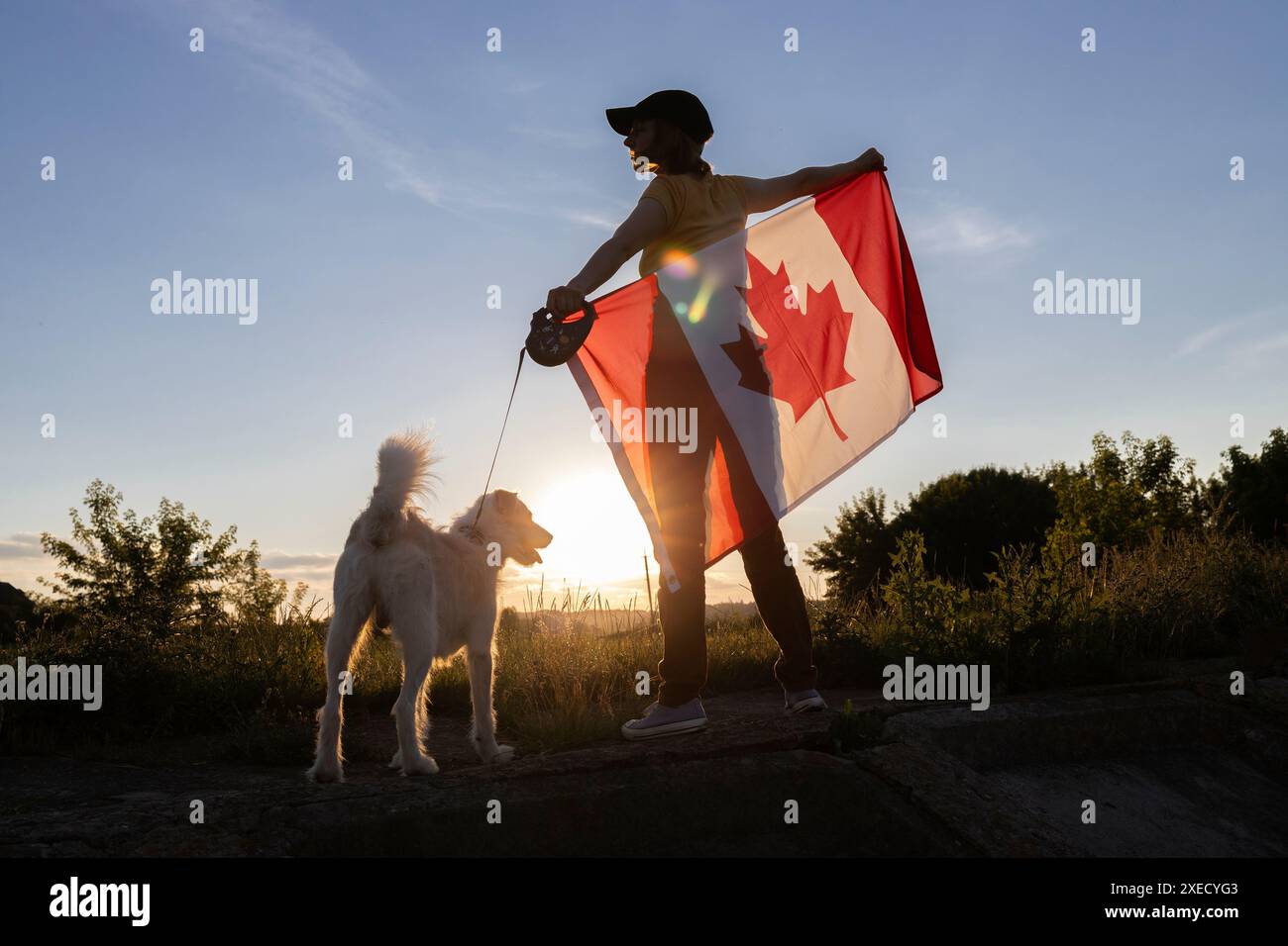 Silhouette di una donna e di un cane con una bandiera canadese contro il cielo al tramonto. cammina con il tuo animale domestico preferito. Giorno dell'indipendenza canadese. libertà, fiducia Foto Stock