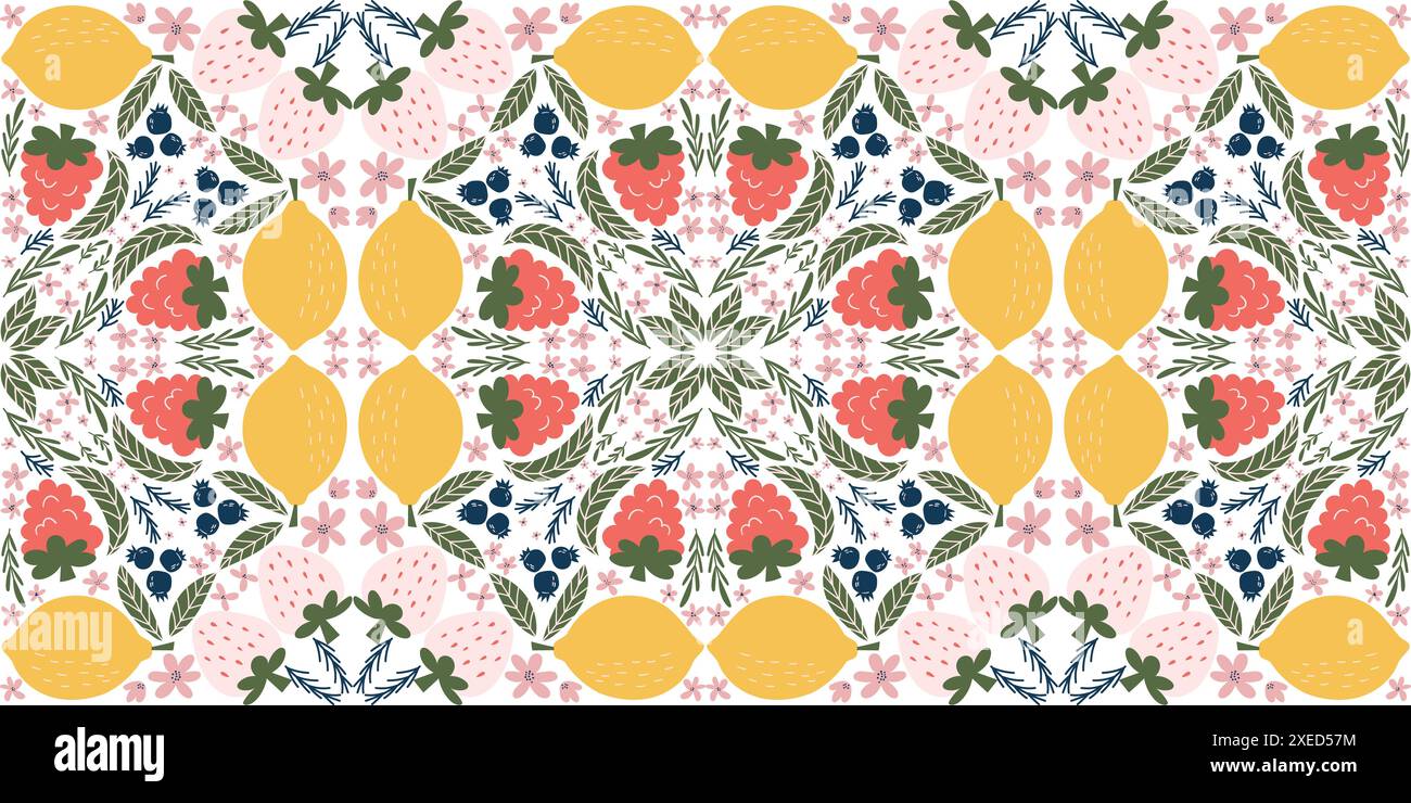 Allegro motivo senza cuciture con illustrazioni di lamponi, limoni, fragole bianche, more, fiori rosa, e foglie verdi, disposte in un design simile a un caleidoscopio. Moderno stile vettoriale organico con colori piatti. Illustrazione Vettoriale