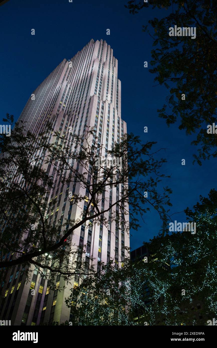 Guardando in alto attraverso rami di alberi ricoperti di luci da favola presso la torre del Rockefeller Centre di New York, Stati Uniti. Foto Stock