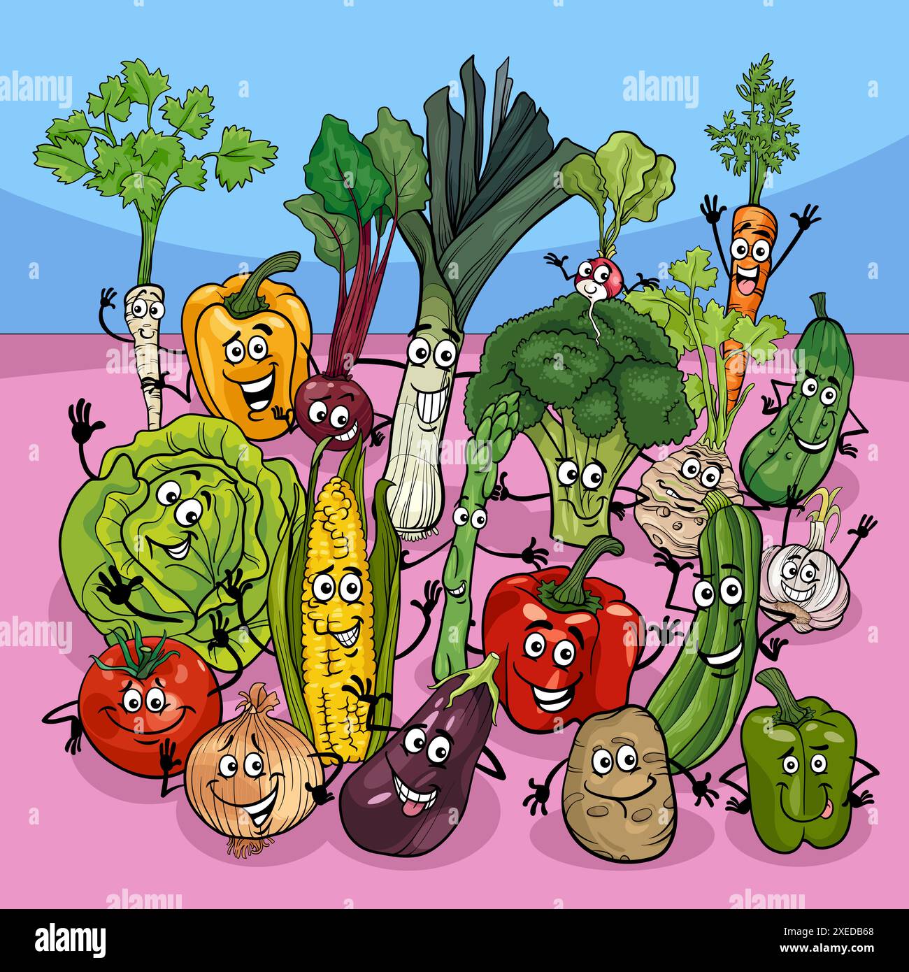 Felice gruppo di personaggi di verdure fresche del cartone animato Foto Stock