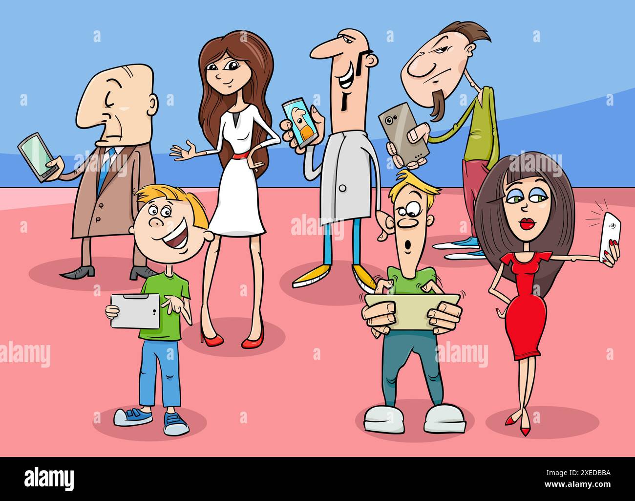 Personaggi cartoni animati con smartphone e dispositivi elettronici Foto Stock