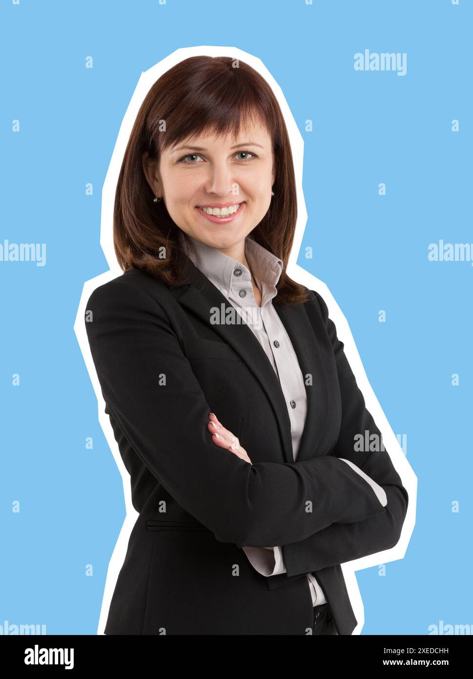Donna sorridente e affabile che mostra fiducia e felicità. Stile rivista Foto Stock