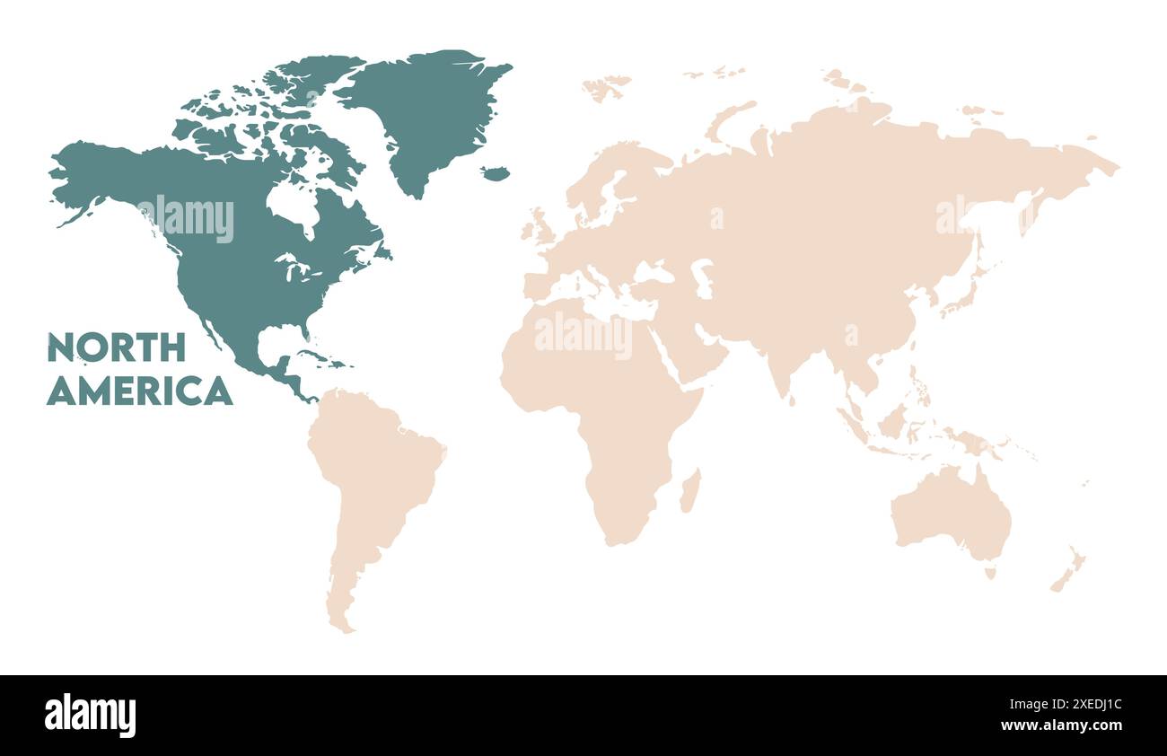 Mappa del Nord America, immagine della mappa del mondo, isolata su sfondo bianco, Info-graphic, Terra piatta, globo, icona della mappa del mondo. Viaggia in tutto il mondo Illustrazione Vettoriale