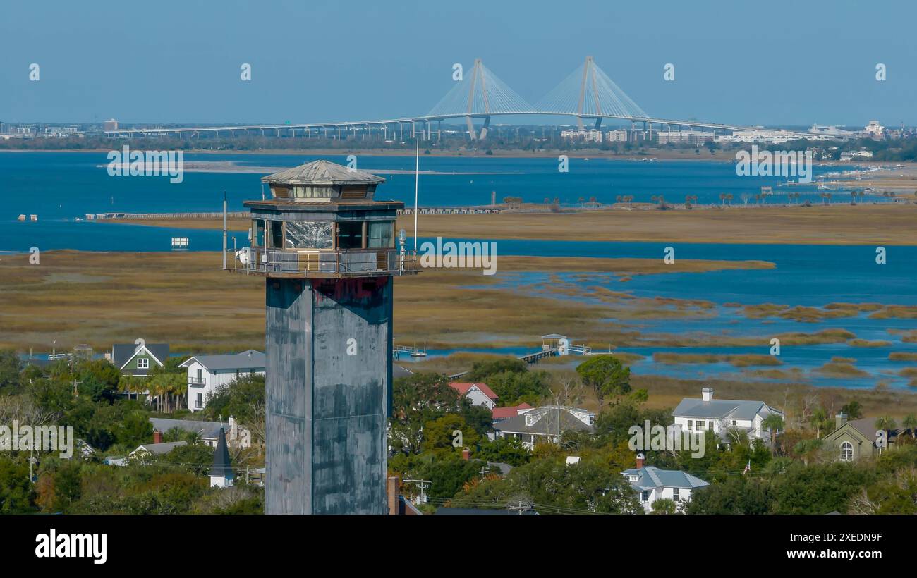 Veduta aerea del faro di Charleston su Sullivans Island, South Carolina Foto Stock