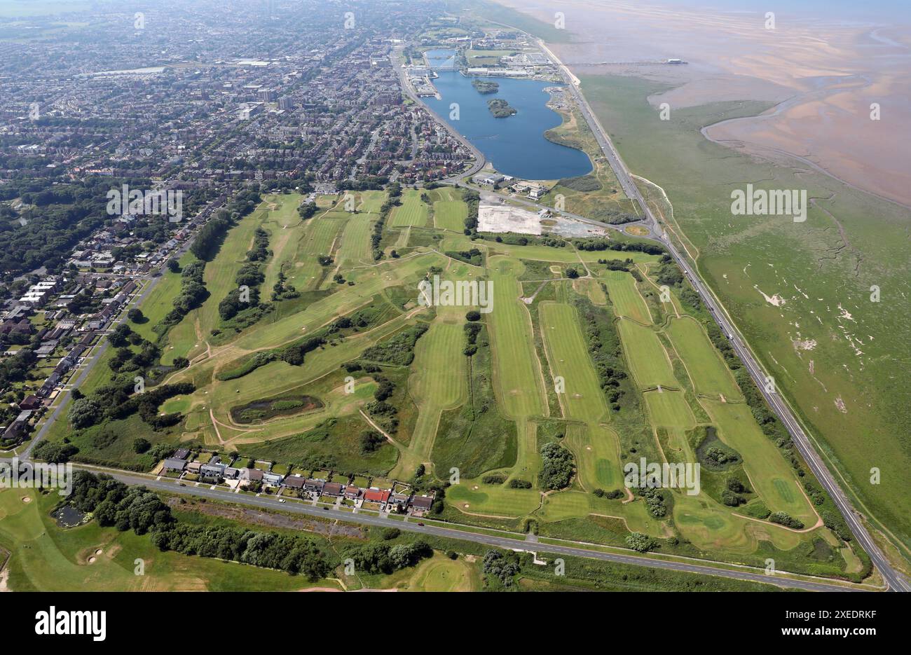 Vista aerea di Southport, incluso il Southport Golf Links, dal nord guardando verso sud Foto Stock