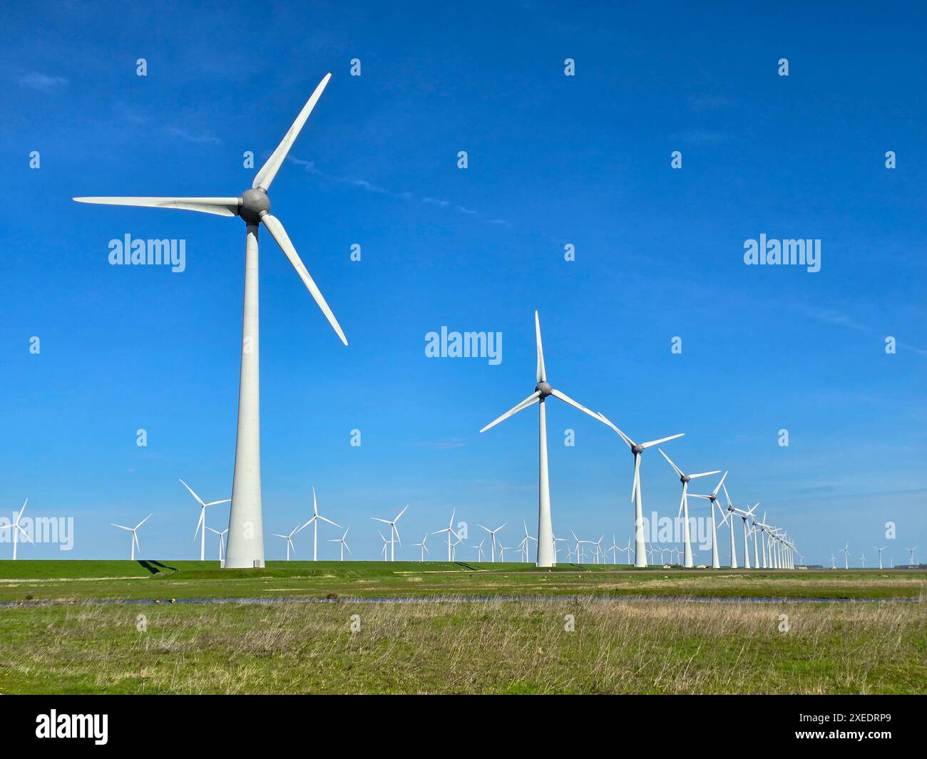 Parco di mulini a vento nell'oceano, vista aerea dei droni delle turbine a vento in mare nei Paesi Bassi Foto Stock