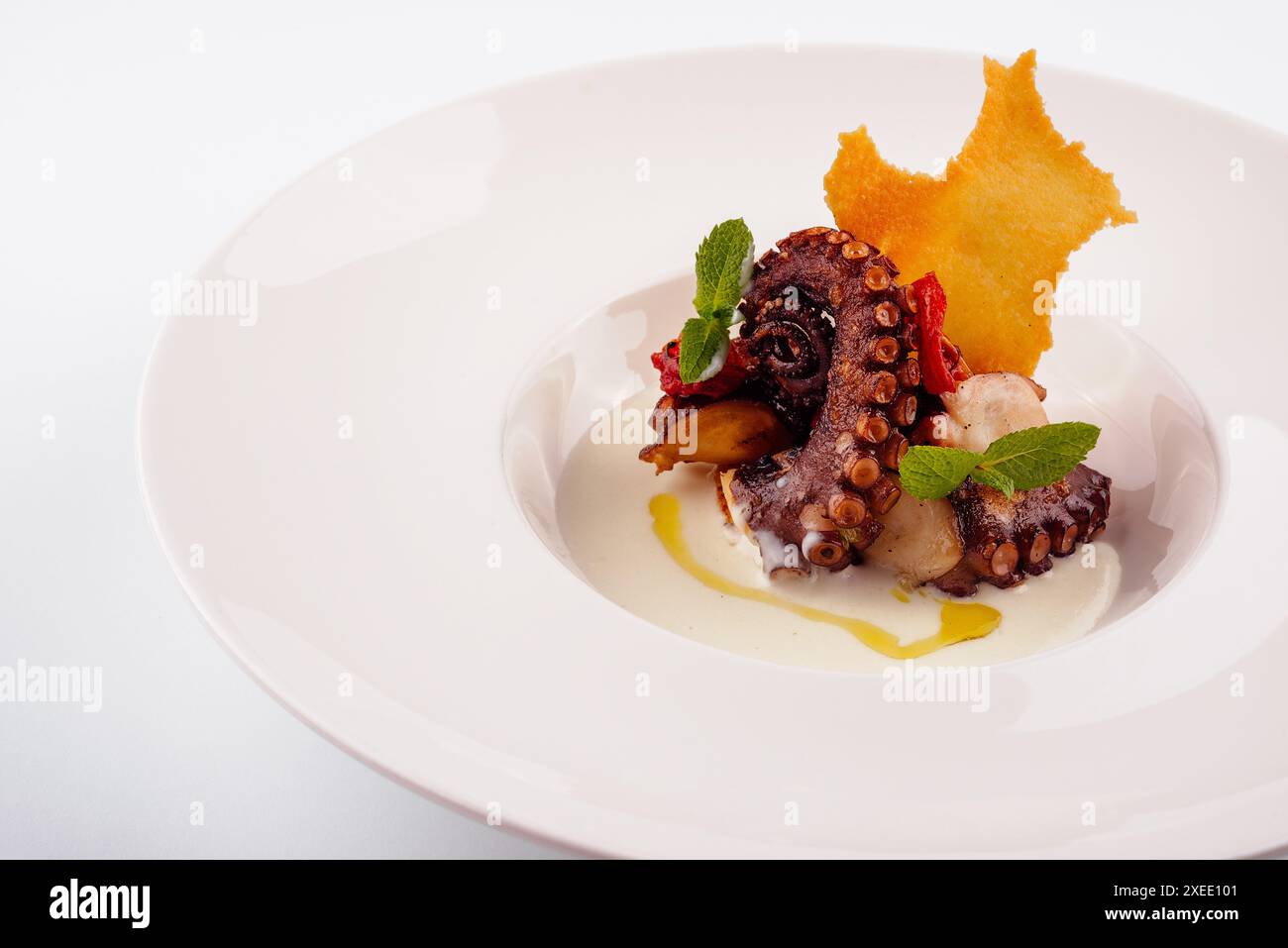 Polpo grigliato sul piatto bianco Foto Stock