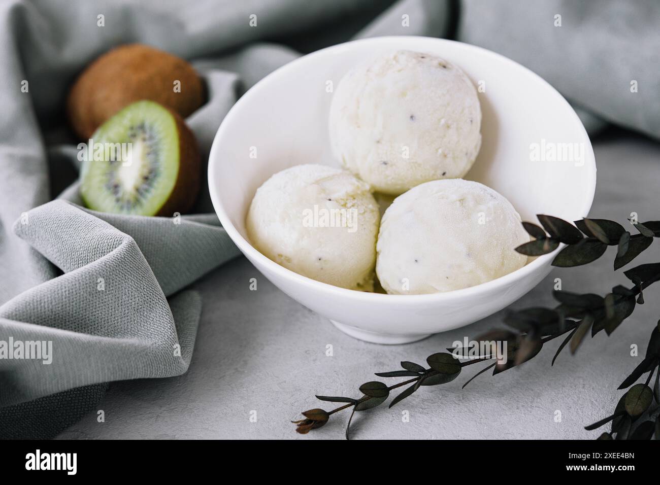 Delizioso gelato con menta e kiwi nel recipiente Foto Stock