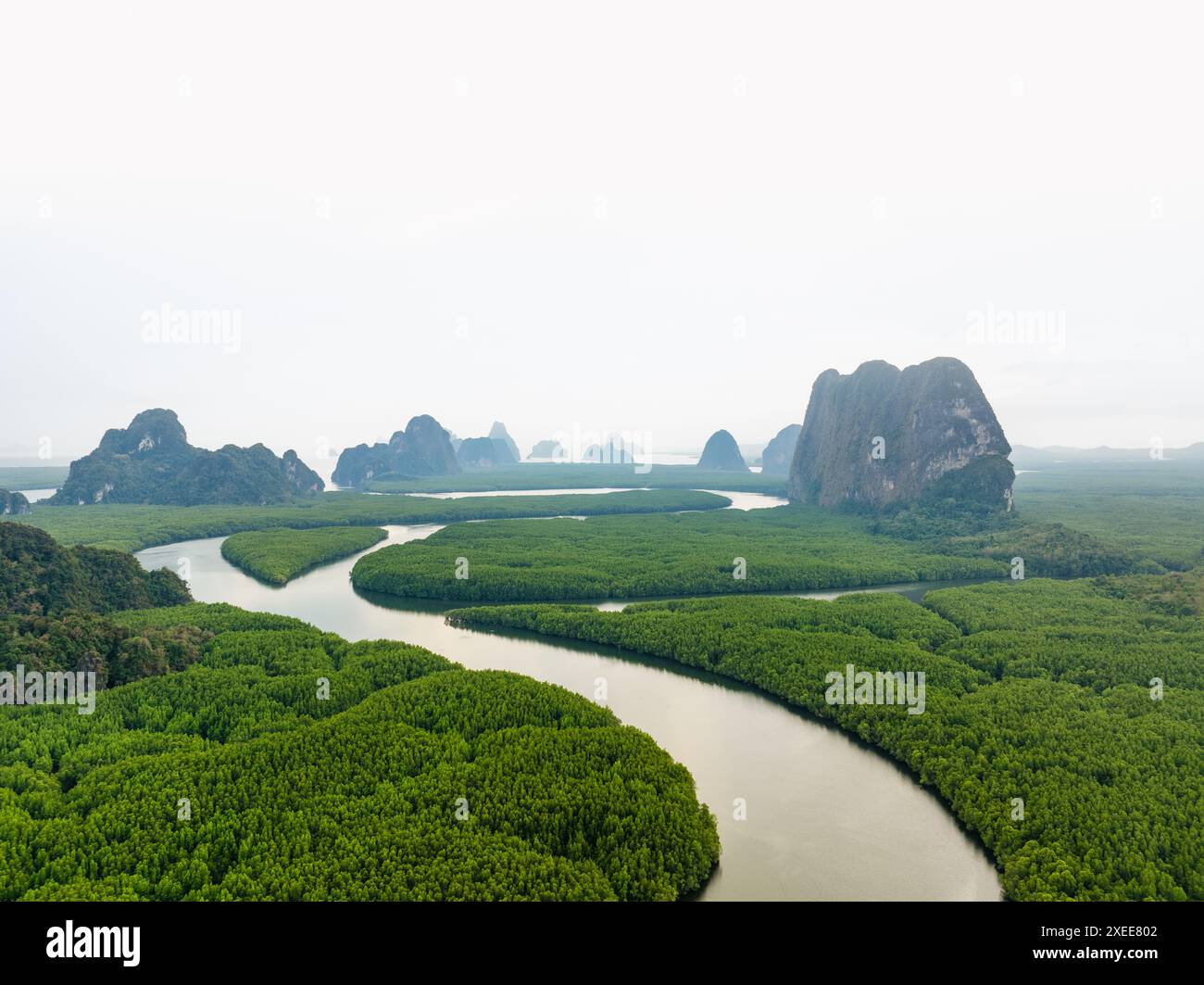 Vista dall'alto, ripresa aerea, splendida vista del Parco Nazionale di Ao Phang Nga (Baia di Phang Nga) con una moltitudine di formazioni calcaree. Foto Stock