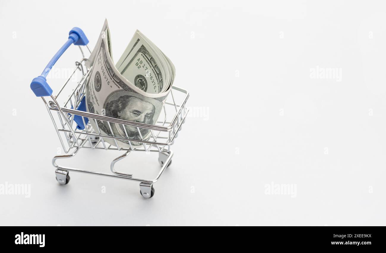 Carrello con banconote in dollari isolate su sfondo grigio. Concetto di ricchezza, risparmio, reddito. Copia spazio Foto Stock