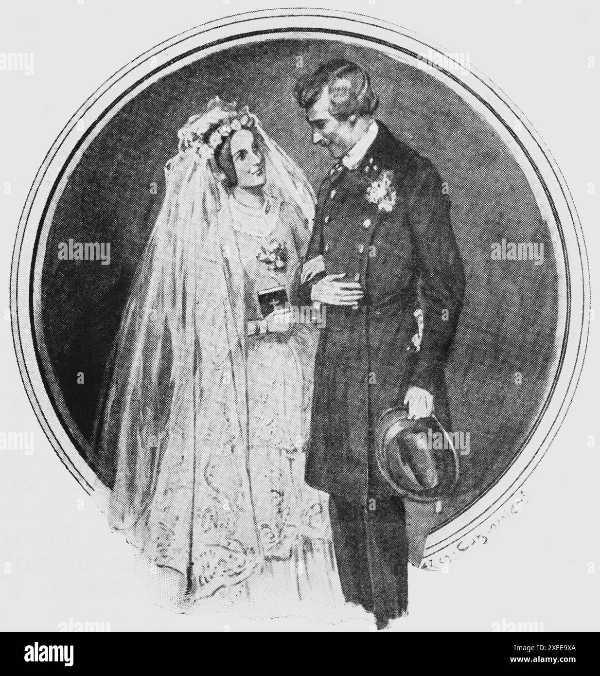 Giorno del matrimonio, coppia che si guarda l'un l'altra, vita delle donne e ruolo di genere fine del 19° secolo, illustrazione storica 1890 Foto Stock