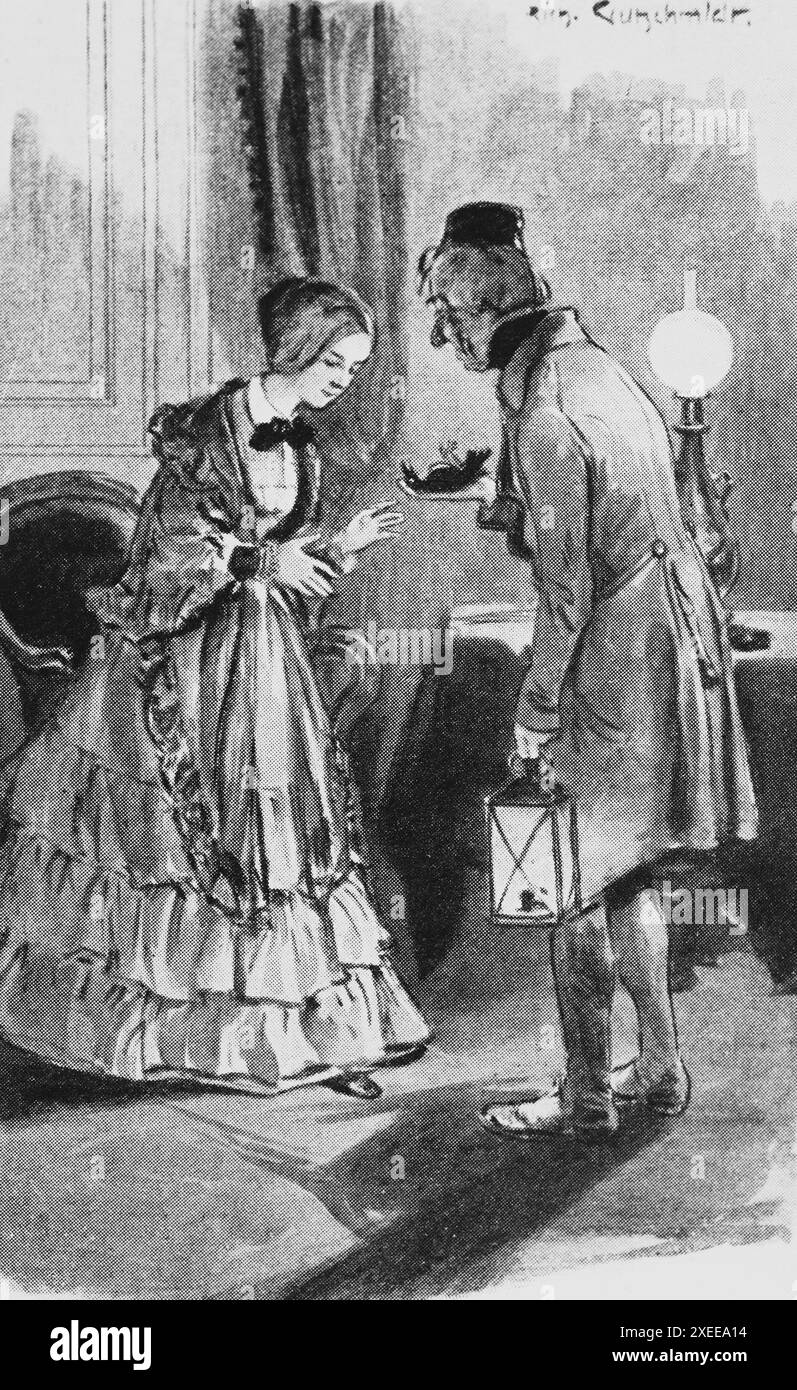 Schiava goffa che mostra alla giovane signora un uccello morto dall'esterno, la vita delle donne e il ruolo di genere alla fine del XIX secolo, illustrazione storica 1890 Foto Stock