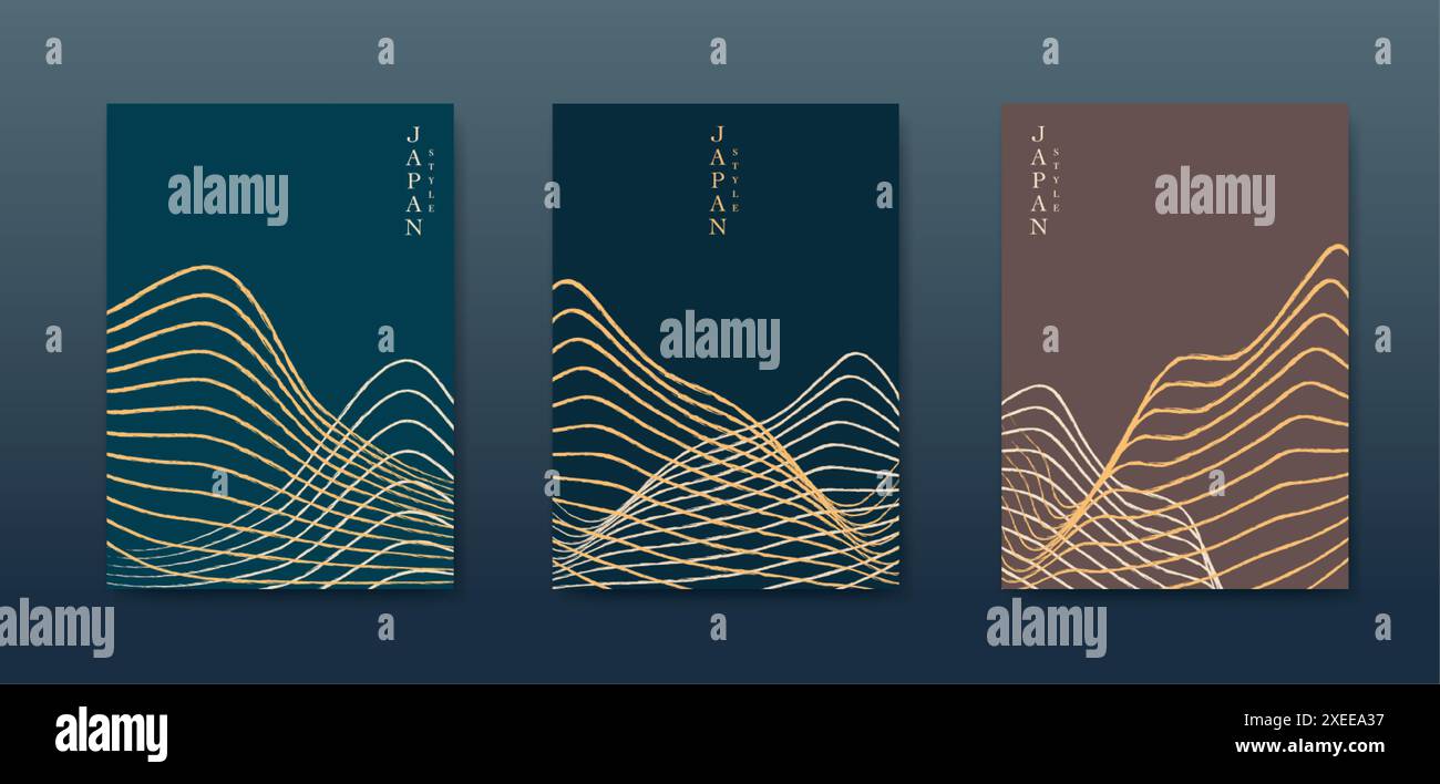 Sfondo orizzontale giapponese Imposta le schede disegno vettoriale delle forme d'onda di linea. Modello colorato astratto texture geometrica ondulata. Disposizione delle montagne Illustrazione Vettoriale