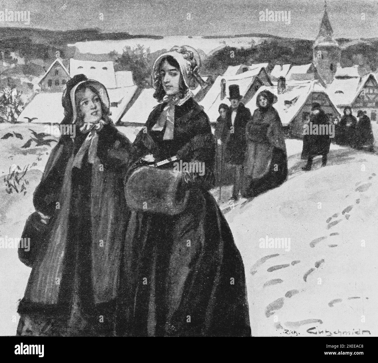 Domenica a piedi fino alla chiesa del villaggio in inverno, due migliori amici che camminano avanti, vita familiare alla fine del XIX secolo, illustrazione storica 1890 Foto Stock