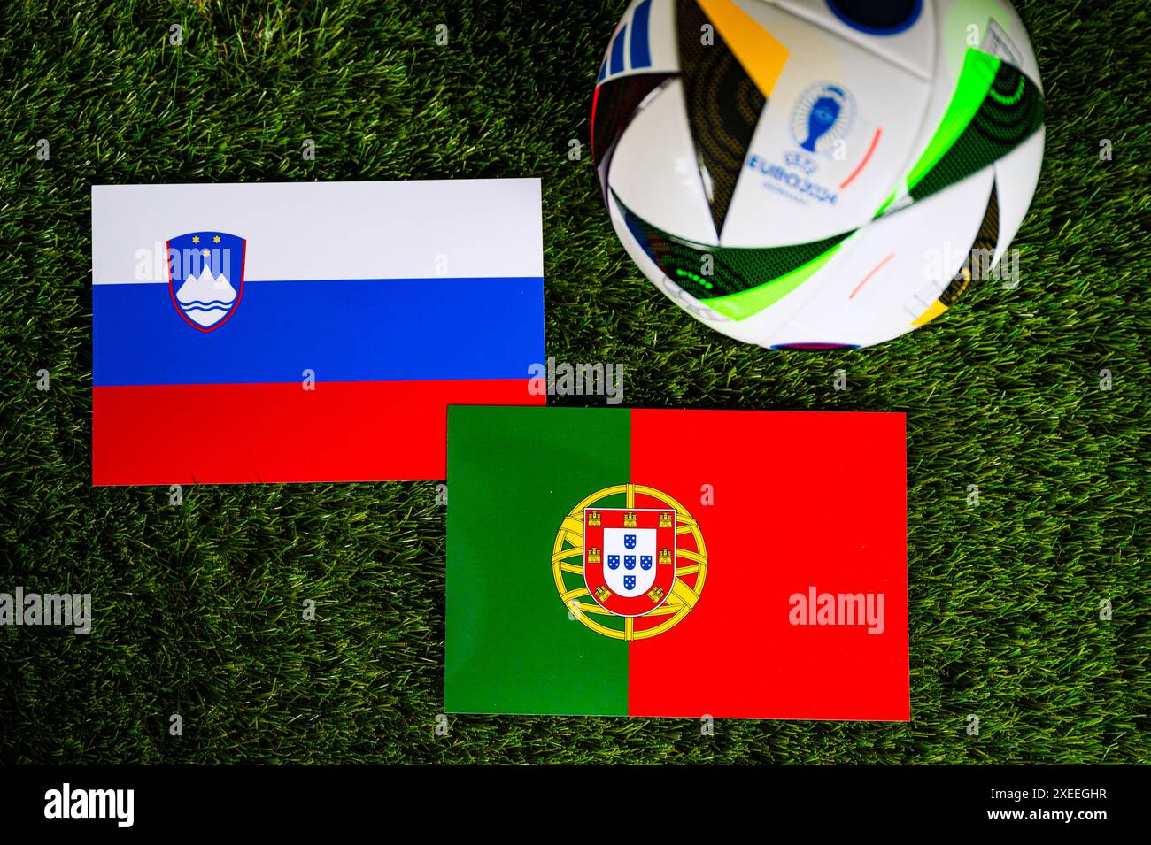 FRANCOFORTE, GERMANIA, 27 GIUGNO 2024: Portogallo vs Slovenia Euro 2024 ultima partita di calcio, play off del Torneo europeo di calcio. Ballo ufficiale Adidas Foto Stock