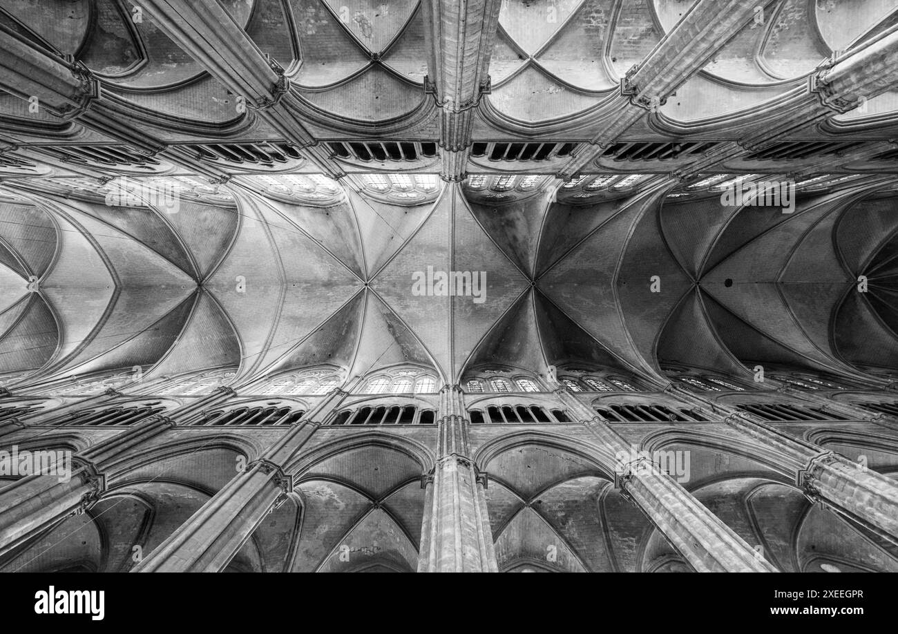 Vista verso l'alto nella splendida cattedrale di Saint Etienne, in Francia, dichiarata patrimonio dell'umanità dall'UNESCO. Foto Stock