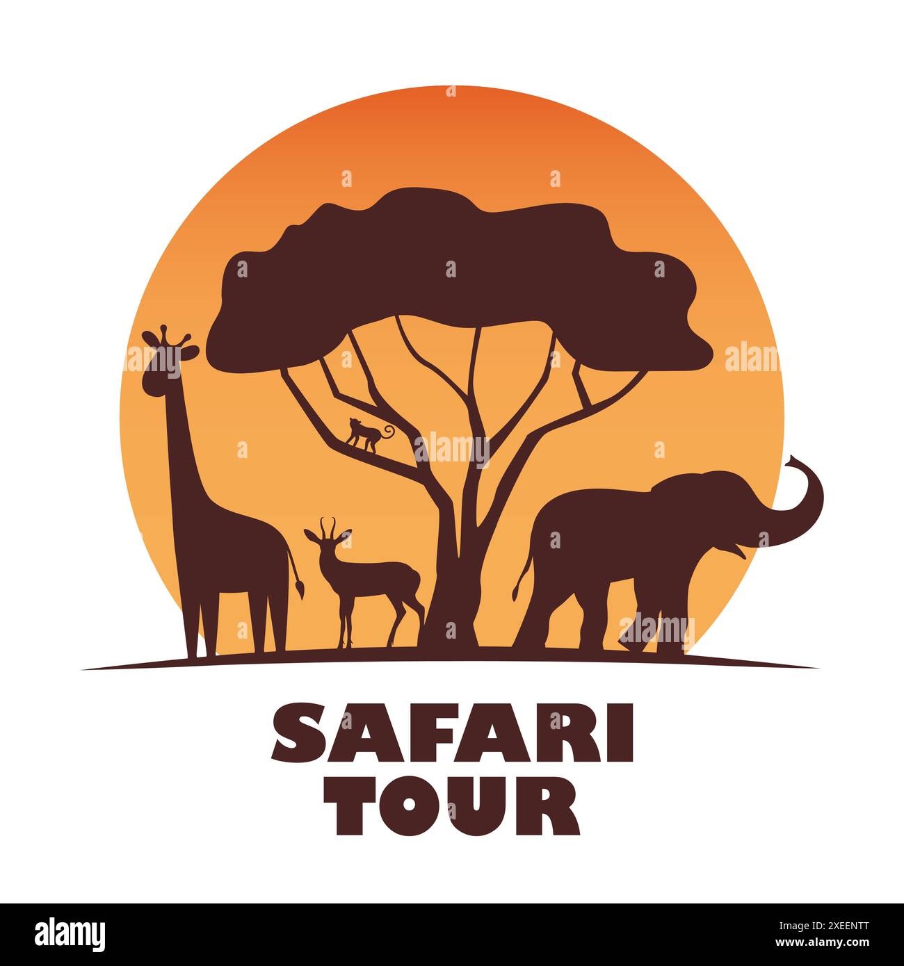 Paesaggio africano al tramonto con animali selvatici. Pubblicità per tour safari. Modello di poster benvenuto in Africa. Vettore Illustrazione Vettoriale