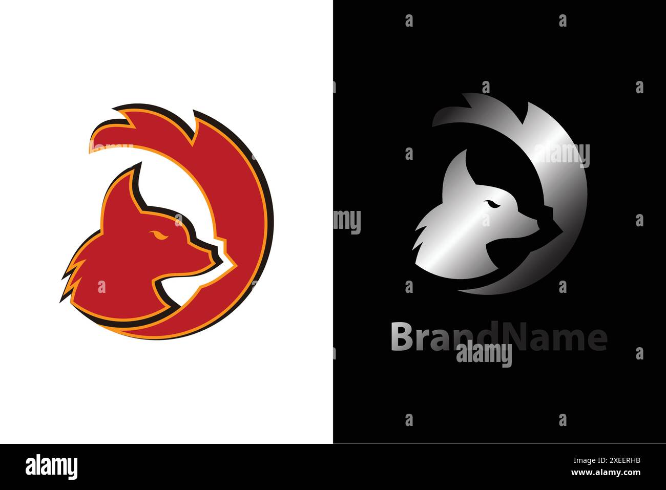 Modello di design creativo con logo per la testa di lupo. Elemento identità aziendale. Immagine del logo di una testa di lupo con coda arricciata. Illustrazione vettoriale. Illustrazione Vettoriale