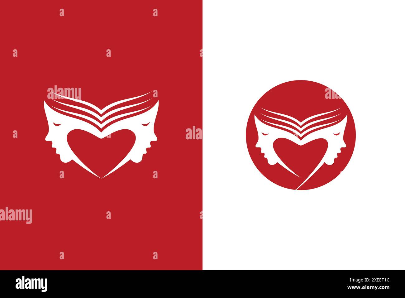 Le donne affrontano con il logo del cuore icona vettoriale disegno illustrativo. Logo da donna con design a forma di cuore in uno spazio negativo. Amore simbolo di bellezza. Illustrazione Vettoriale