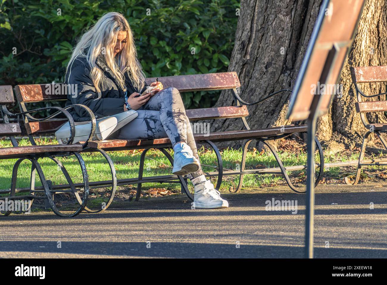 Ritratto di strada di una giovane donna seduta nel parco. St. Stephens Park, Dublino, Irlanda. Foto Stock