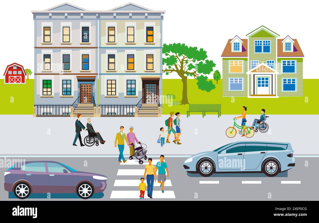 Sagoma di una città con traffico e persone, illustrazione Foto Stock