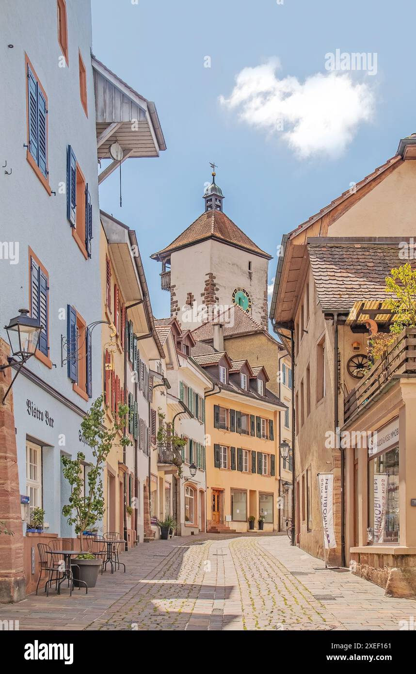 Altstadtgasse e Obertorturm Rheinfelden AG, Svizzera Foto Stock