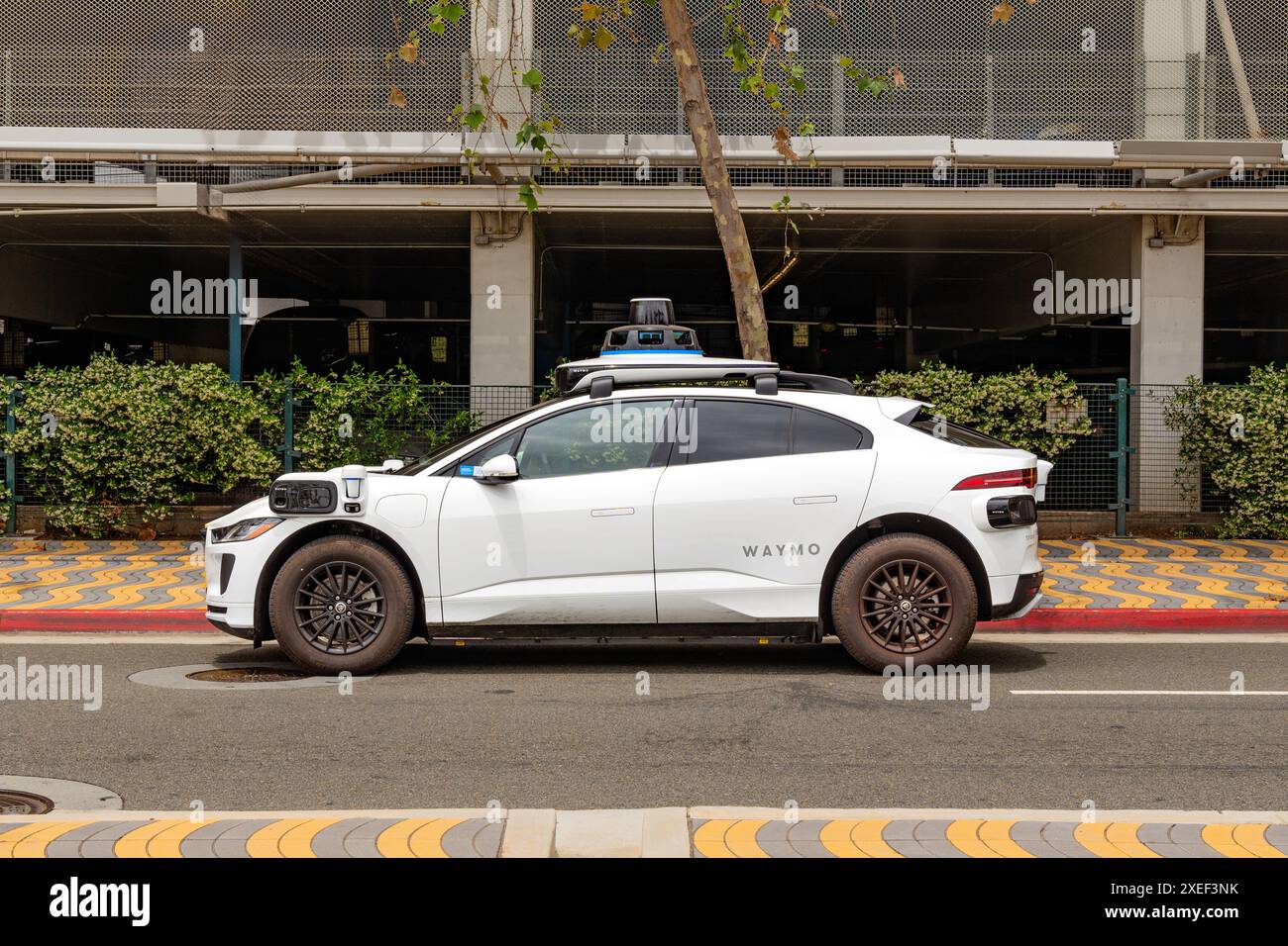 Santa Monica, CALIFORNIA, USA - 23 maggio 2024: Un'auto senza conducente Waymo parcheggiata in strada. Foto Stock