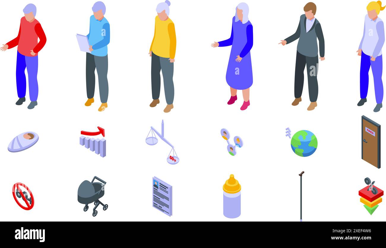 Set di icone della società che invecchia il problema sociale. Gli anziani in piedi e le icone delle questioni sociali stanno illustrando il concetto di crisi demografica Illustrazione Vettoriale